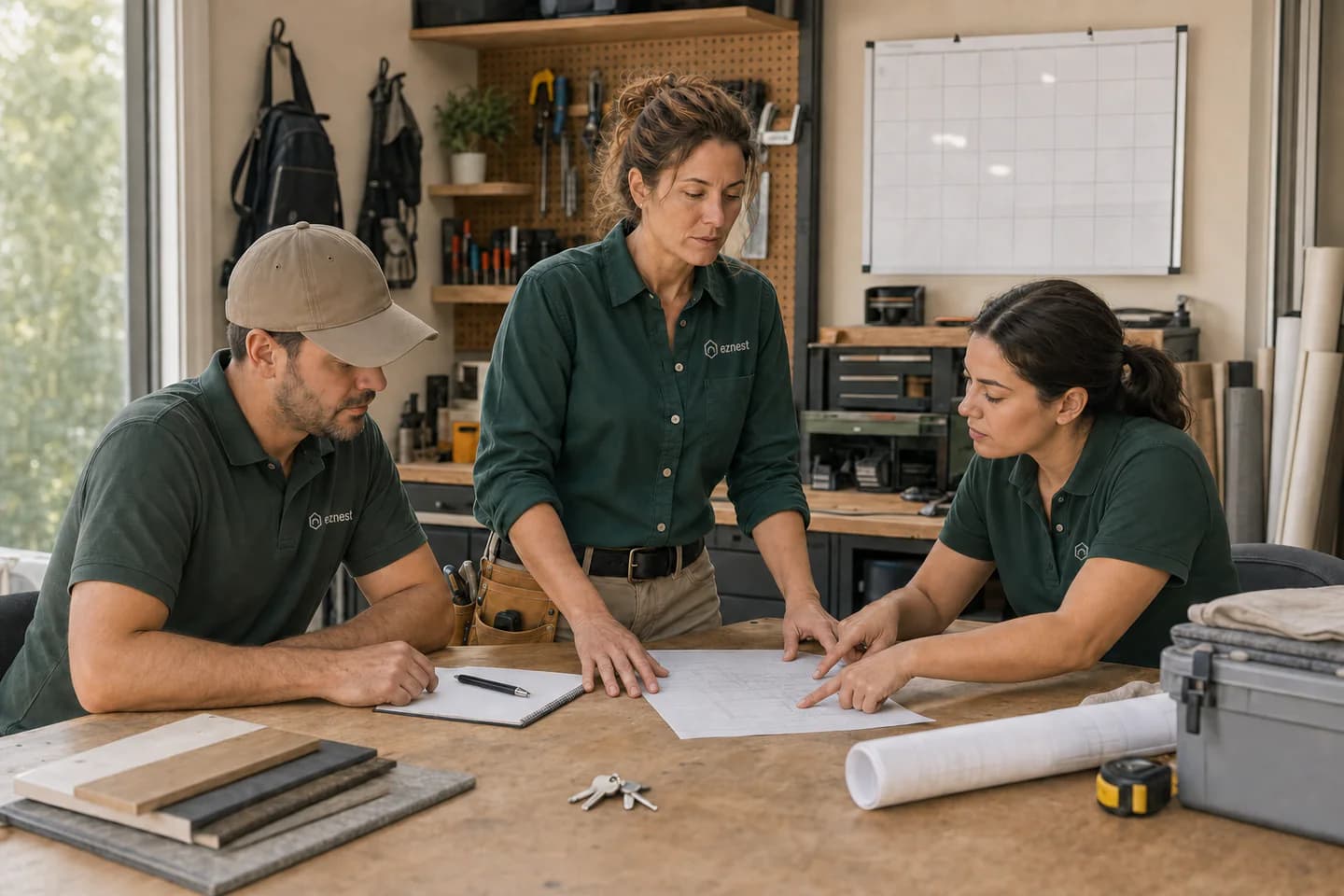 Eznest service-business owner planning work with two field-team members