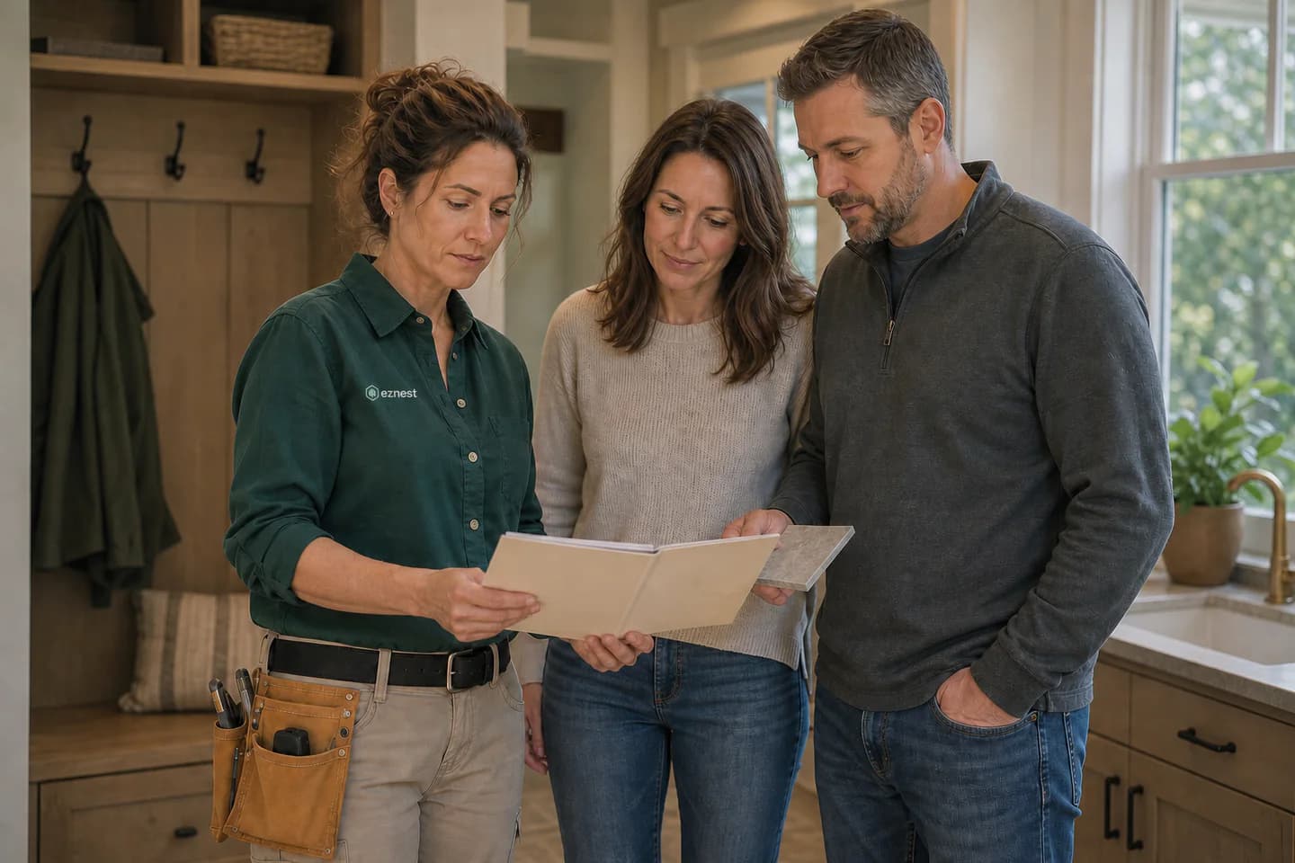 Eznest service-business owner reviewing a home project handover with two homeowners