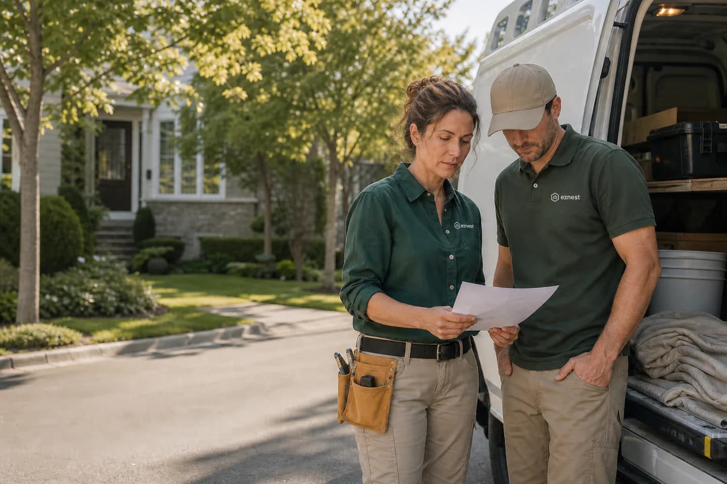 Eznest service-business owner and technician reviewing the day beside their work van