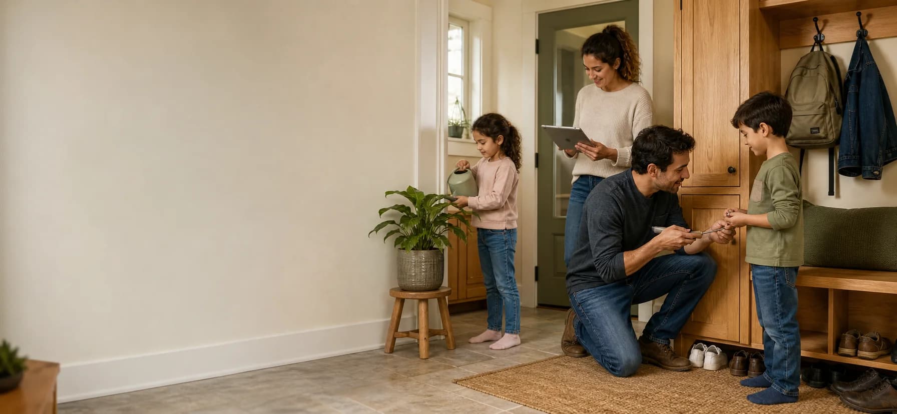 Young family sharing everyday home care with a tablet, small hand tool, and watering can
