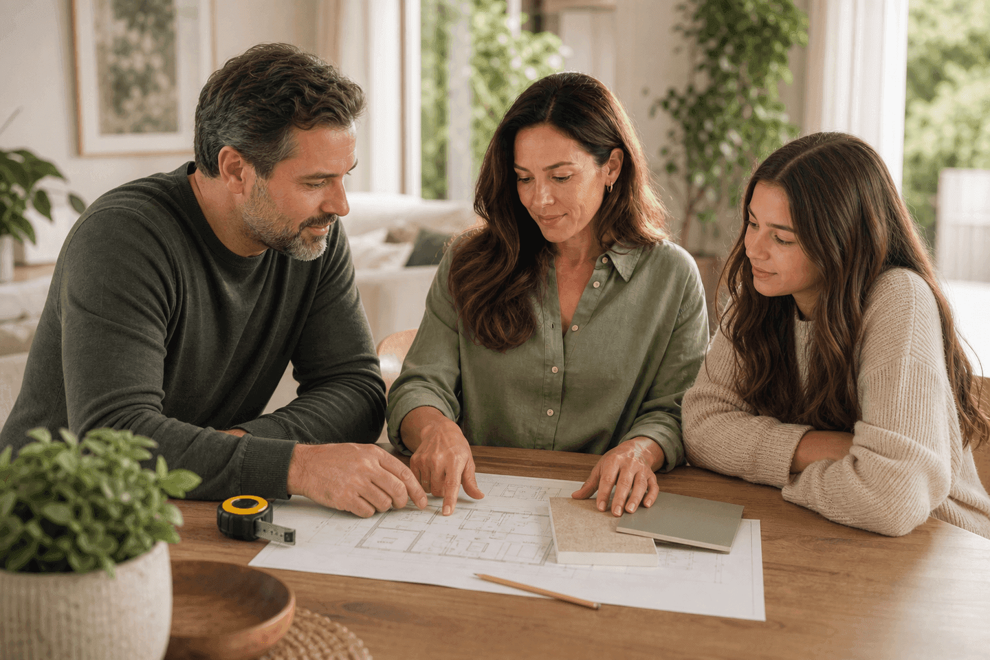 Family reviewing a home project plan together at their dining table