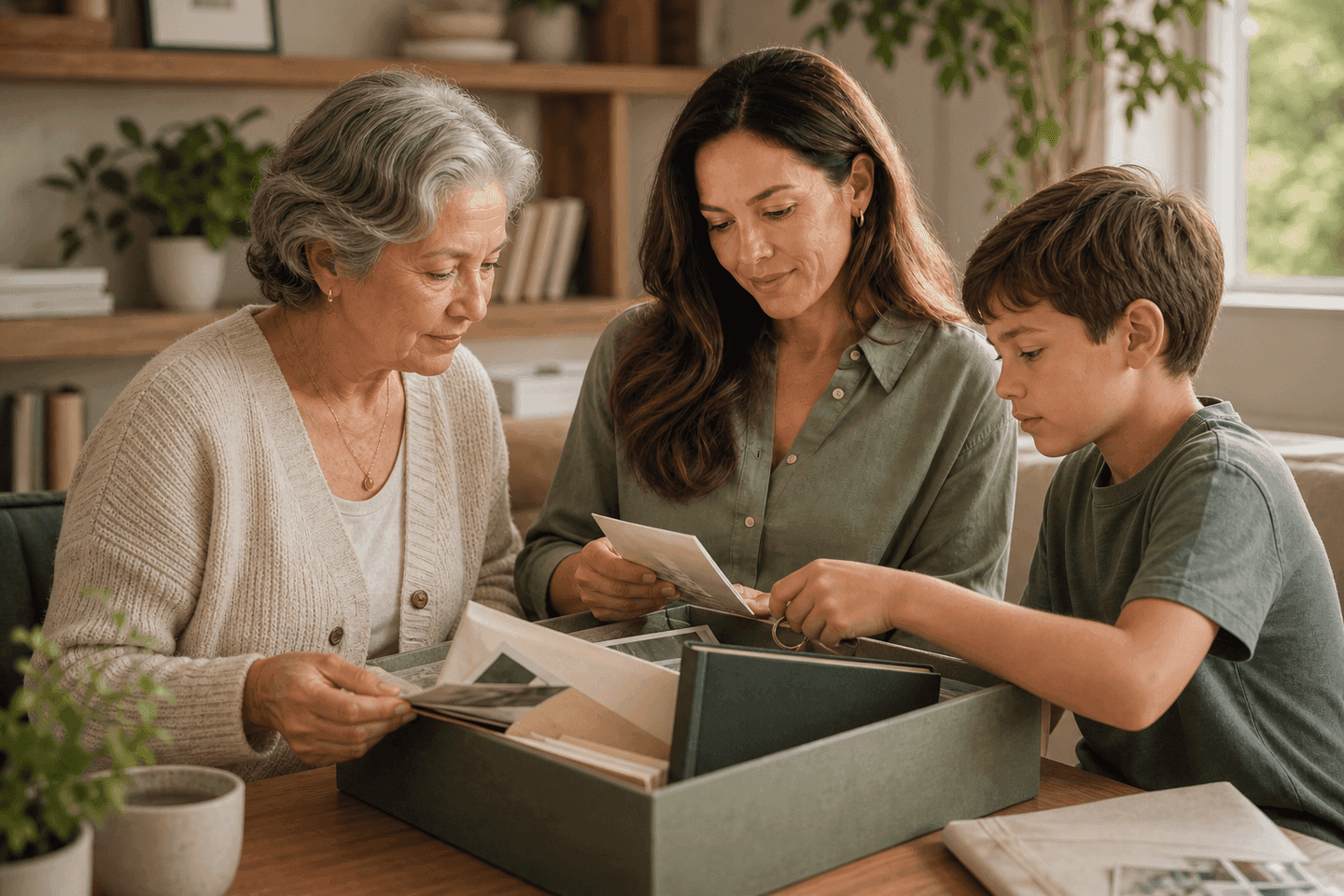Three generations organizing home records and family photos together