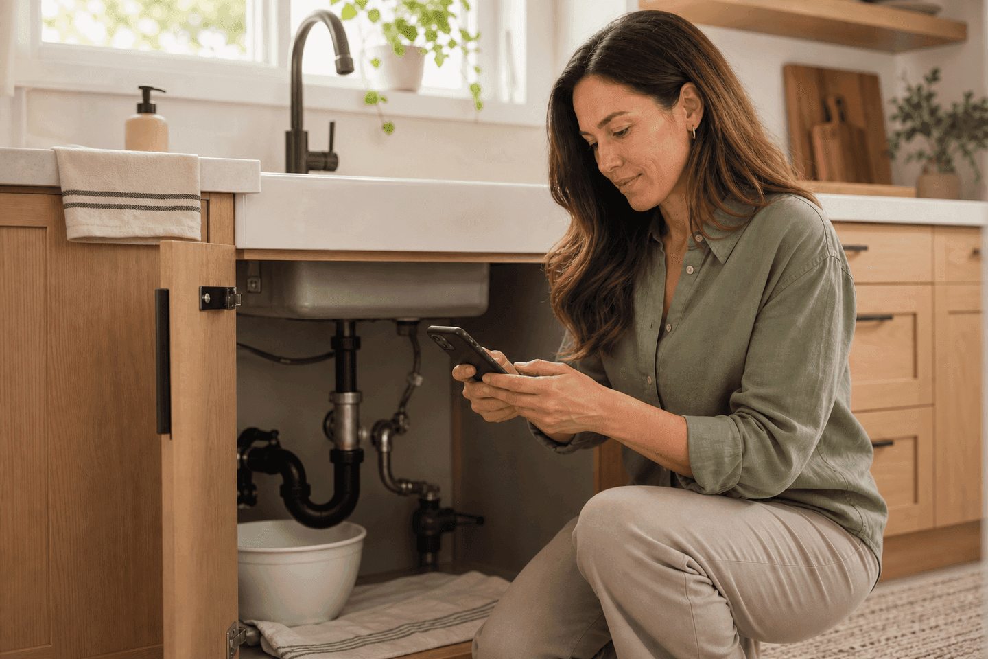 Woman documenting a small maintenance issue under her kitchen sink