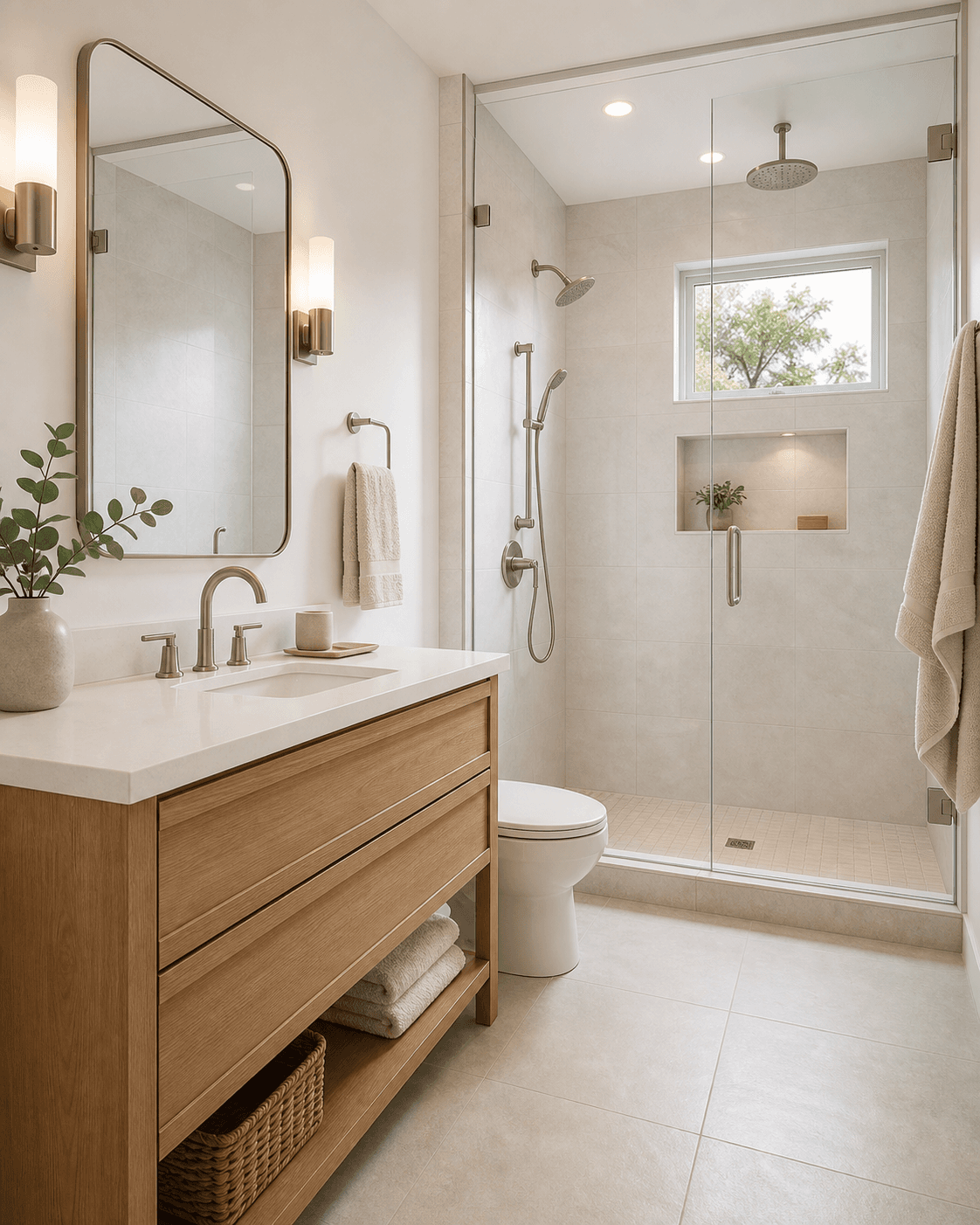 Warm modern bathroom renovation