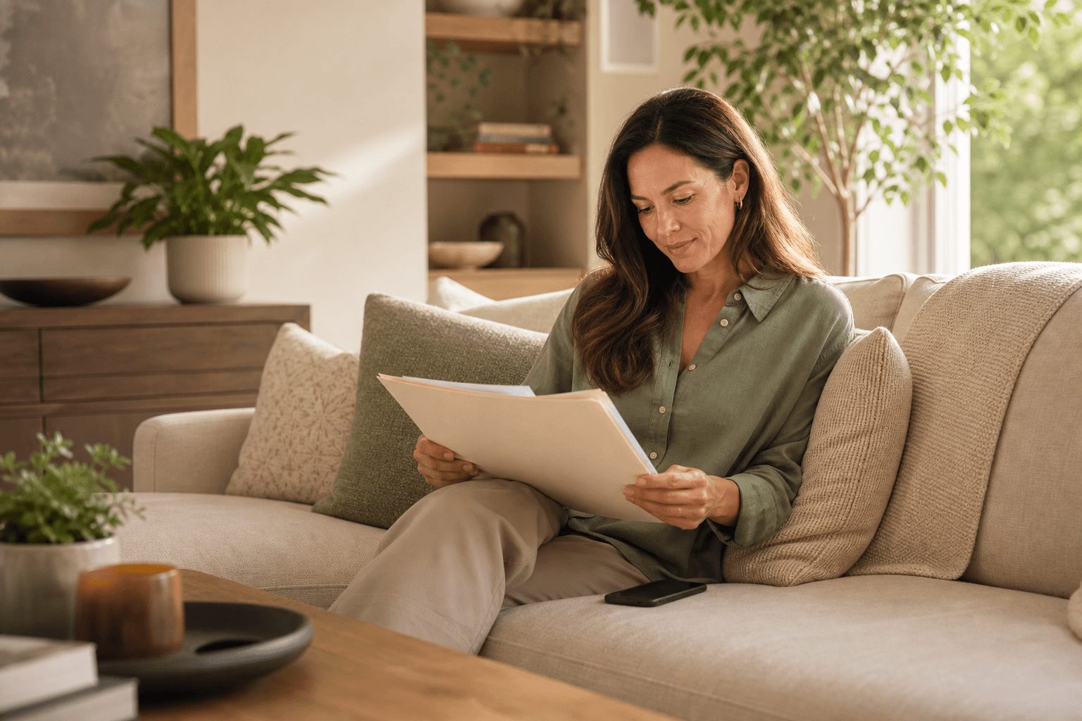 Woman reviewing home maintenance records in a warm living room