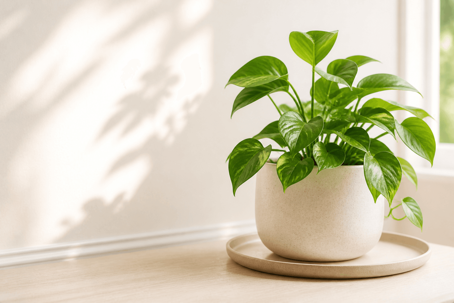Houseplant and watering can in a bright home maintenance setting